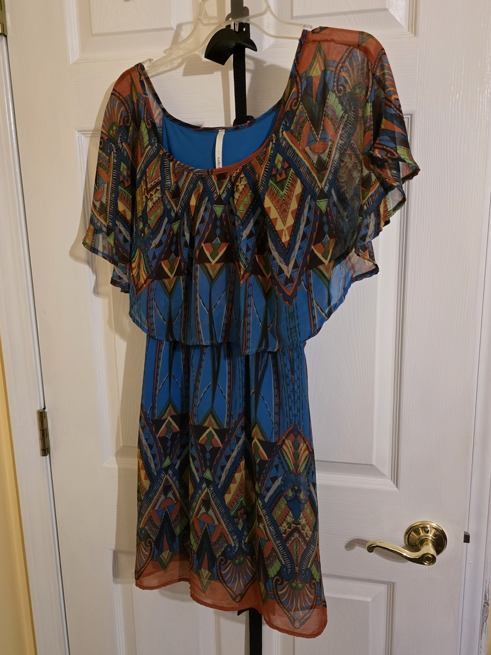 hello miss Blue Multi-Geo Print Flutter Sleeve Mini Dress